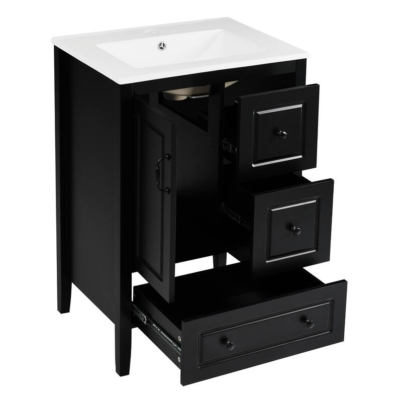 24 inch Bathroom Vanity with Sink, One Cabinet with Soft-closing Door, 3 Soft-closing Drawers, Retro Metal Handles
