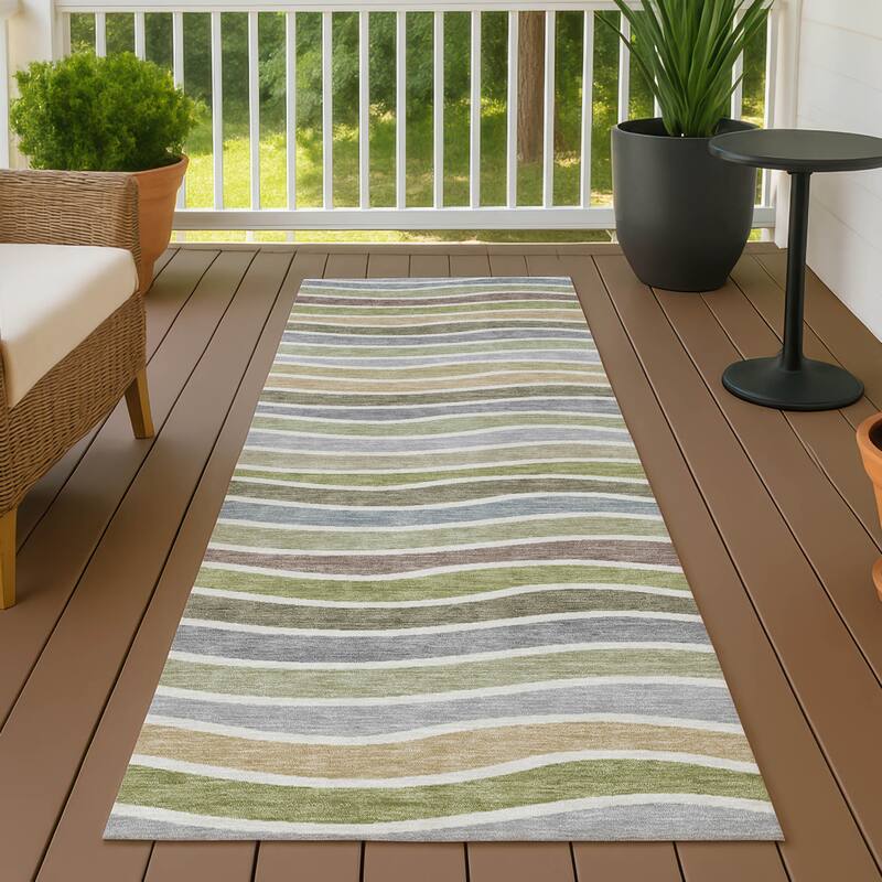 Machine Washable Indoor/ Outdoor Contemporary Stripe Chantille Rug - Fern - 2'3" x 7'6"