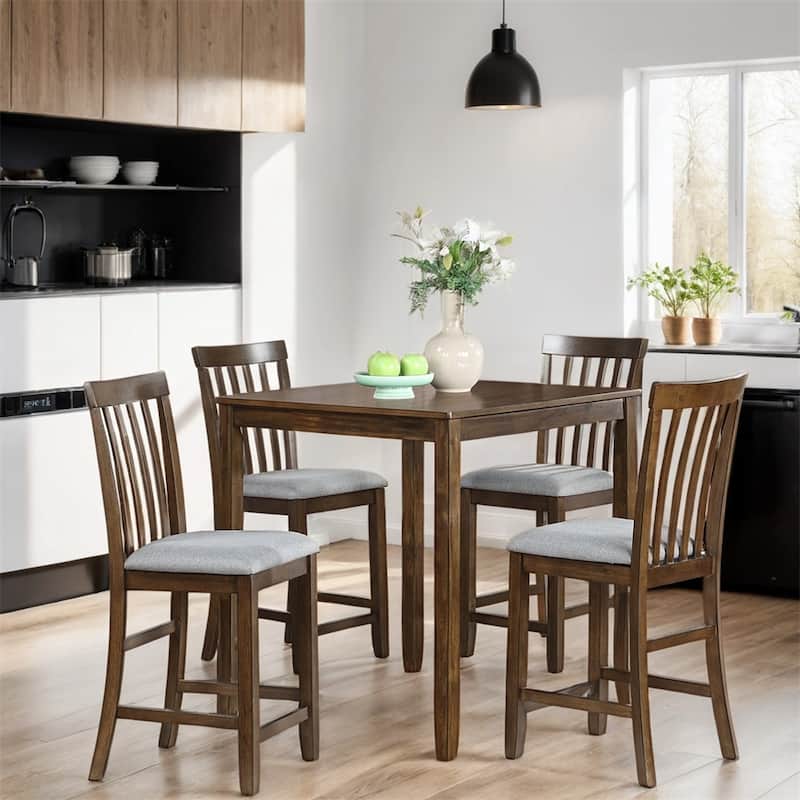 5-piece Wood Dining Counter Height Table and Chair Set - Walnut