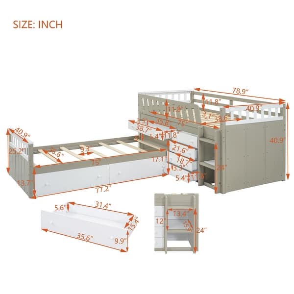 dimension image slide 2 of 3, L-shaped Twin Loft Bed and Twin Platform Bed with 7 Drawers