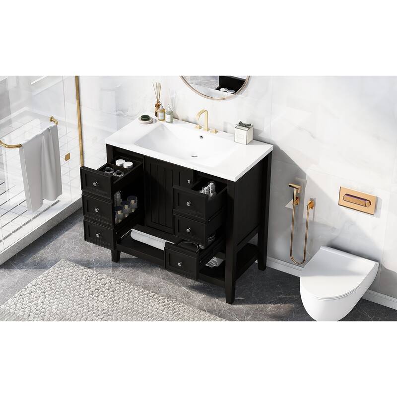 36"Bathroom Vanity with Ceramic Sink and Cabinet, 3 Drawers, Solid Wood & MDF Construction, Painted Finish, Adjustable Shelf
