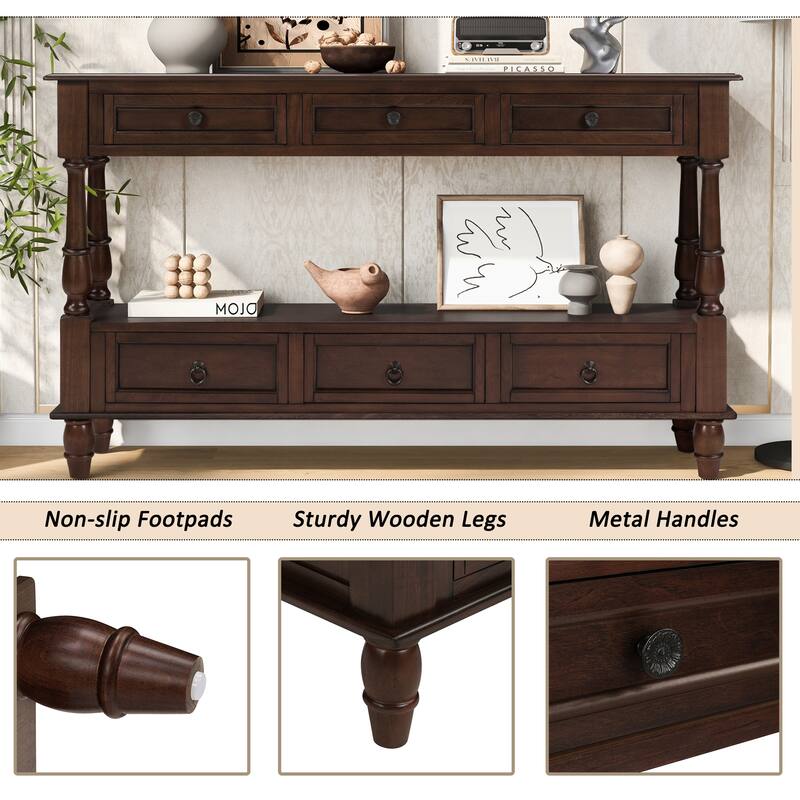 Vintage 54" Solid Wood Console Table with 6 Drawers and Shelf