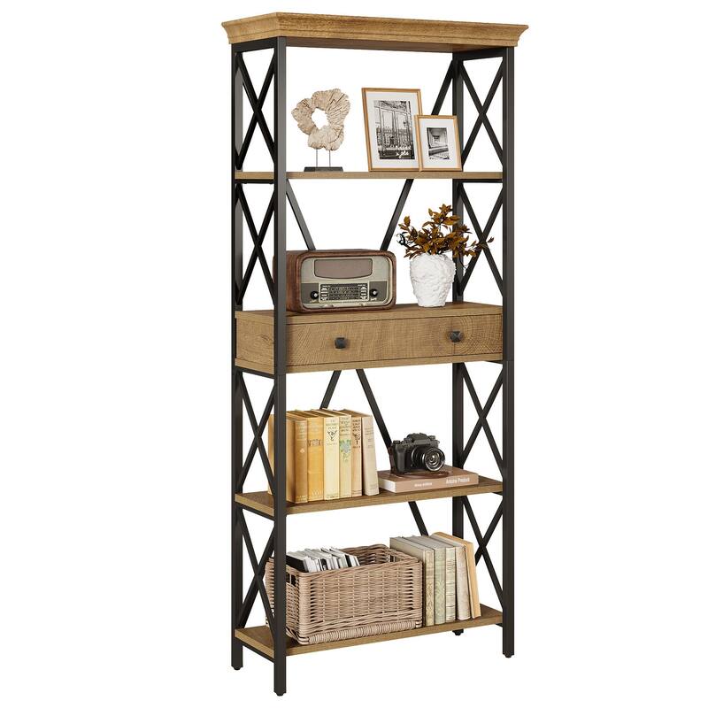 70.9" Tall Bookshelf with Drawers, Industrial Bookcase with Storage