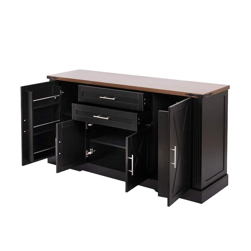 63" Barn Door Storage Cabinet with 2 Drawers & Door Rack, Large Buffet Table Coffee Bar Cabinets with Adjustable Shelves