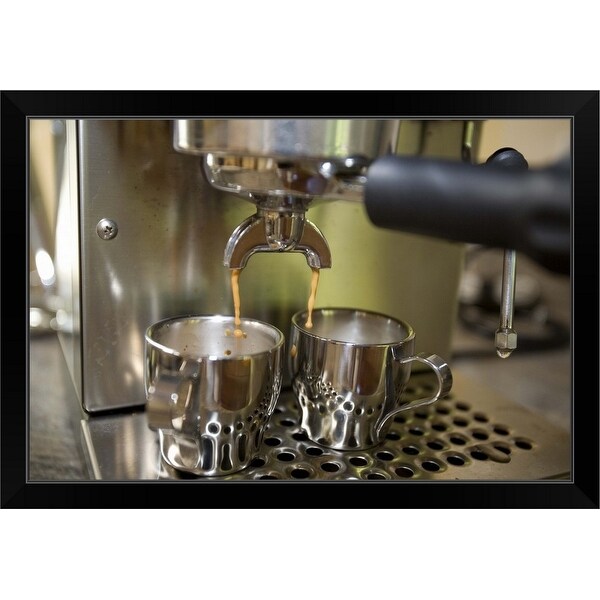 "Dual espresso shots being brewed." Black Framed Print