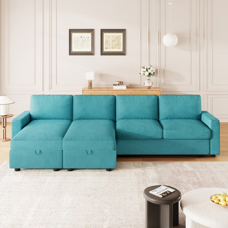 103.9" Convertible U-shaped Sofa with 2 Storage Chaise Lounges, 4 USB Ports, Teal, Polyester