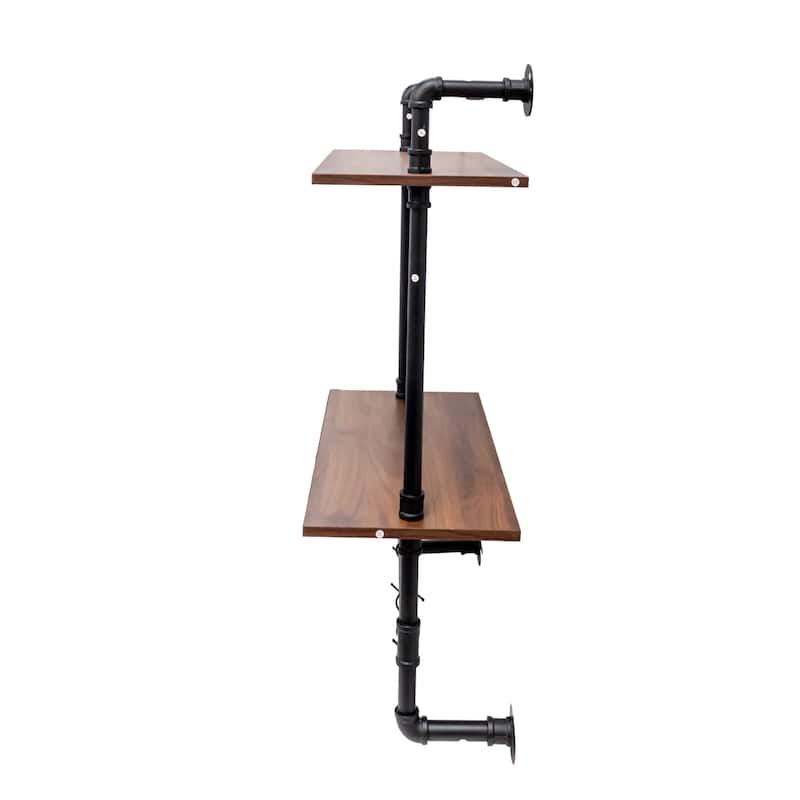Roomfitters Industrial Pipe Shelf, 3-Tier and 2-Tier Wall Mounted Wooden Display Shelves with Hooks, Walnut