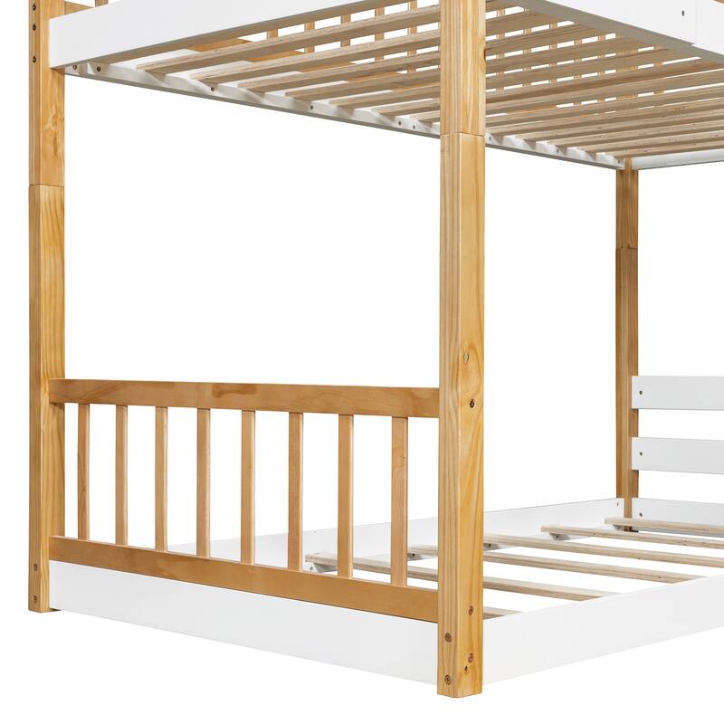 Twin Size House Bunk Bed with Ladder, Wooden Kids Playhouse Bunk Bed Frame with Roof and Window, Solid Pine Floor Bunk Bed Frame