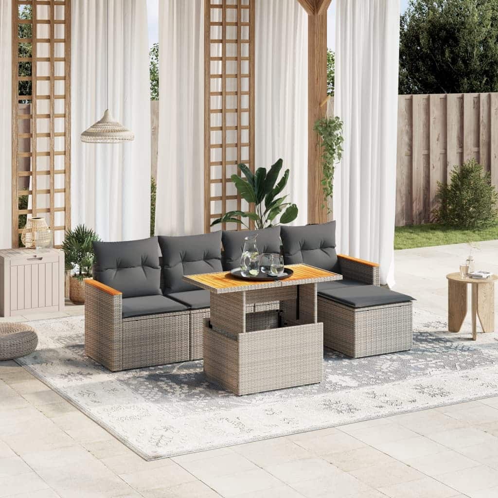 vidaXL Garden Sofa Set Grey PE Rattan 6-Piece Set UV-Resistant Materials - 21.7 x 39.4 x 28.7