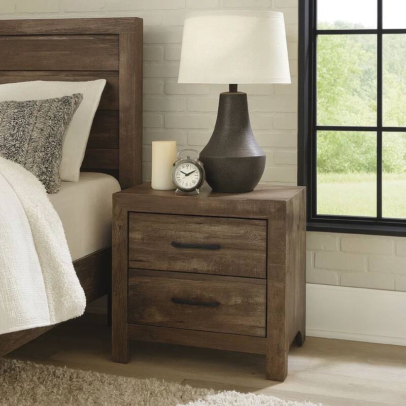 2 Drawer Rustic Wooden Nightstand with Block Legs, Brown