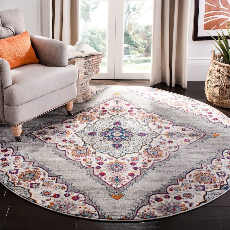 SAFAVIEH Madison Dorla Vintage Boho Boho Oriental Rug - 6'7" Round - Light Grey/Fuchsia