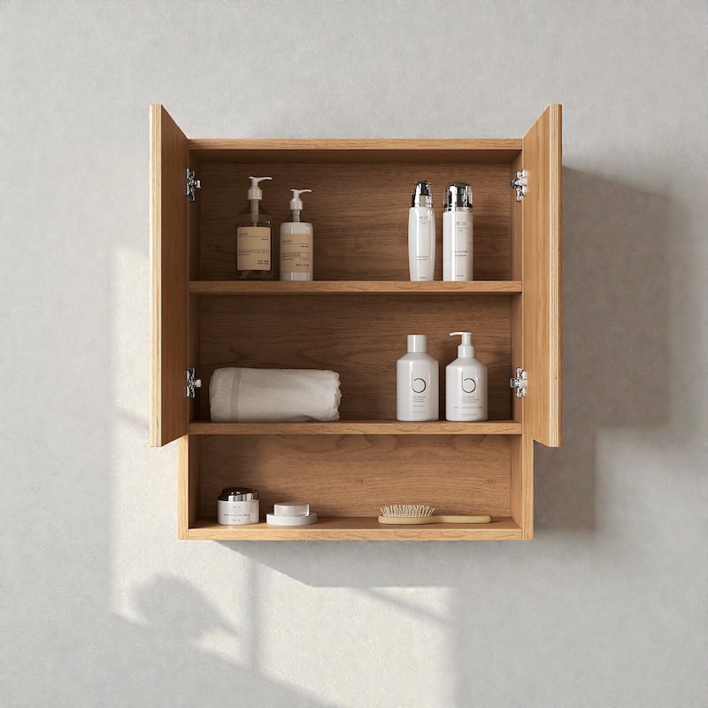 26" Wall-Mounted Striped Bathroom Storage Cabinet with Doors, Shelf & Open Compartment, Over-The-Toilet Organizer