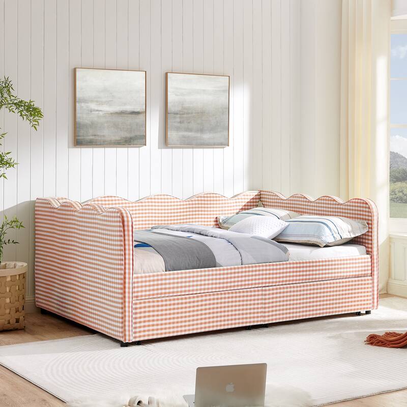 Full Size Upholstery Daybed with 2 Storage Drawers and USB Port, Linen Fabric Sofa Bed with Plaid Pattern and Wavy Silhouette