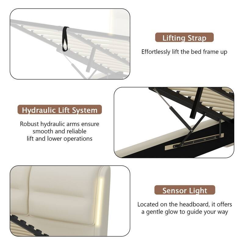 Upholstered Queen Size Hydraulic Platform Bed with Sensor LED Lights, PU Leather Storage Bed Frame w/ Soft Headboard