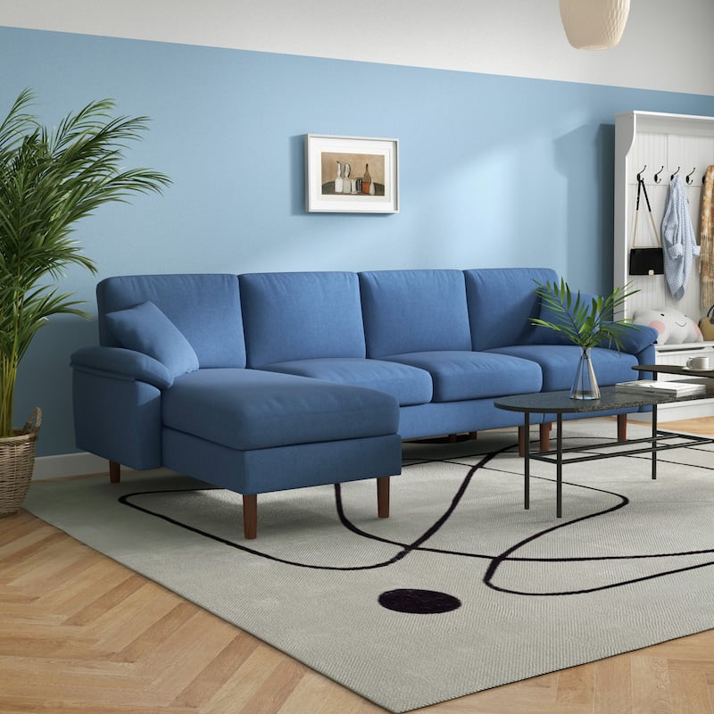 HOMCOM Fabric Sectional Couch with Reversible Sleeper Sofa, Modern L Shaped Sectional Sofa with Pillows, Wooden Legs - Blue