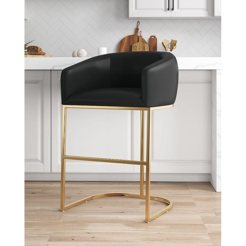 Manhattan Comfort Louvre Mid-Century Modern Leatherette Upholstered Counter Barstool - Black - Single - Bar Height