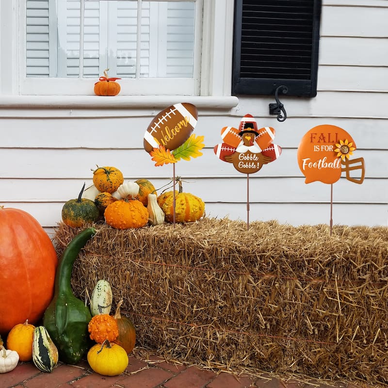 Glitzhome Fall Thanksgiving Metal Pumpkin Scarecrow Football Turkey Yard Stakes