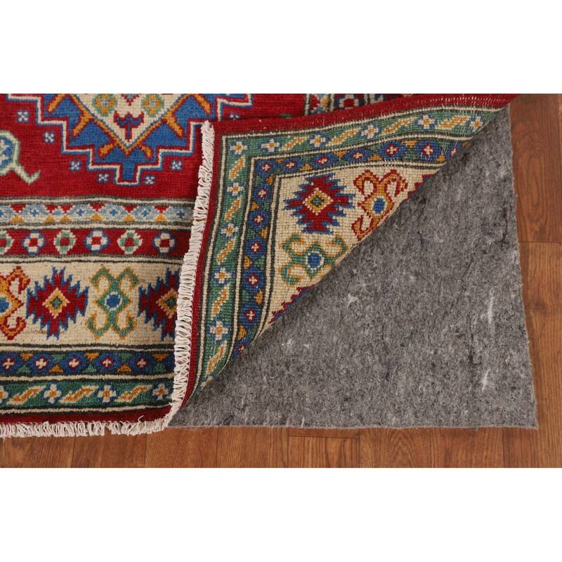 Red Geometric Kazak Oriental Foyer Rug Hand-Knotted Wool Carpet - 3'4" x 5'0"