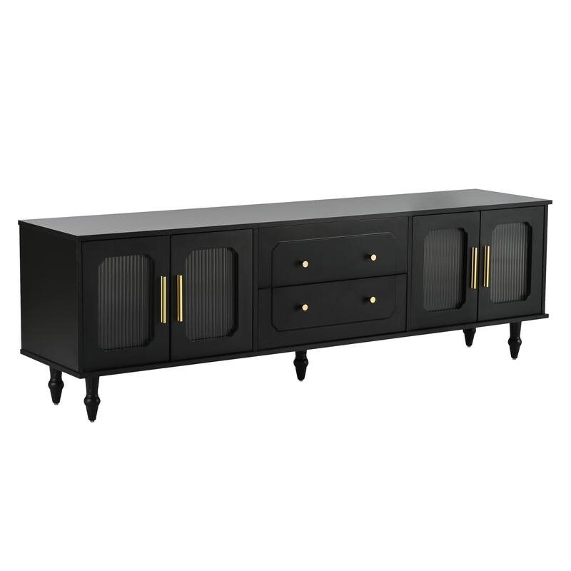 Retro Design TV Stand, for TVs Up to 78'' with Arch Fluted Glass Doors 2 Drawers and Cabinets, for Living Rooms, Black