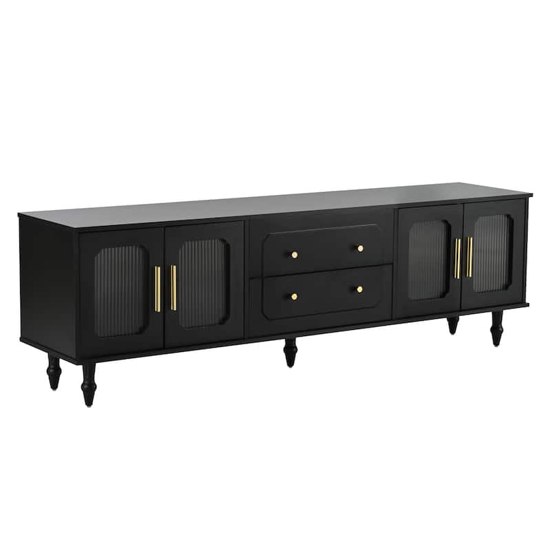 Roomfitters Retro Media Console with Fluted Glass Doors, Stylish TV Stand with Storage Cabinets for TVs up to 78", Black