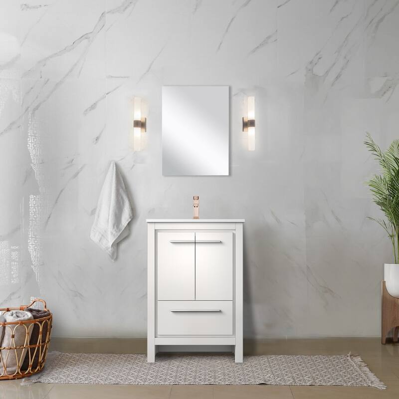 24 in. White Vanity with Quartz Top, Rose Gold Faucet, and 18 in. Mirror - Bathroom Storage Cabinet with Soft-Close Doors