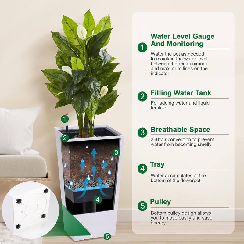 30" Set of 2 Self-Watering Planters, Flower Pots for Front Porch, Patio & Garden