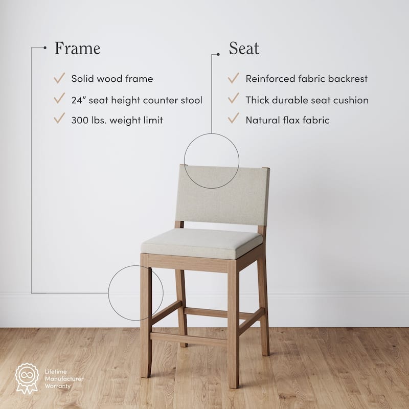 Nathan James Linus Modern Upholstered Bar Stool with Back and Solid Rubberwood Legs