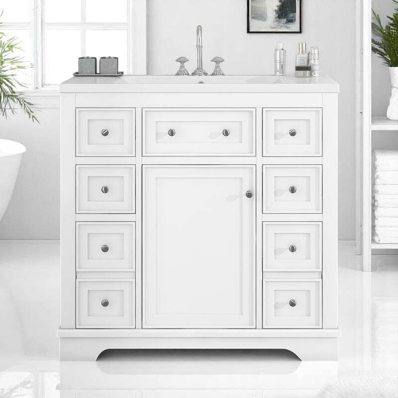 36" Bathroom Vanity with Sink Combo, 6 Drawers and Cabinet, Solid Wood and MDF, Modern Design - White