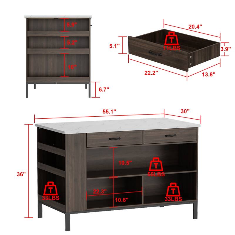 55.1"W Buffet Kitchen Island Cabinet with Open Shelves Two Drawers