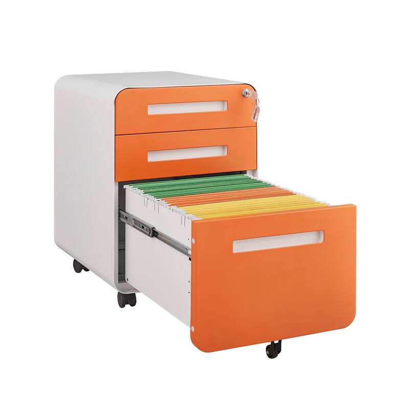 Rounded 3 drawer mobile filing cabinet, 5-wheel design with anti tilt cold-rolled steel material
