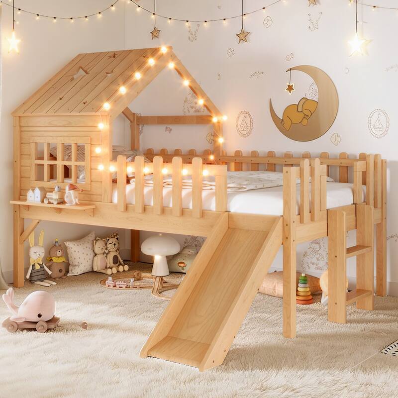 House Loft Bed with Slide and LED Lights, Kids Playhouse Bed with Star & Moon Cutout Roof and Window, Low Loft Bed