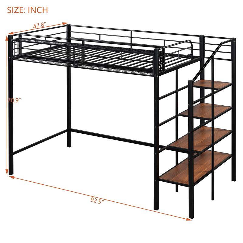Twin Size Metal Loft Bed with Storage Shelf and Ladder, Black