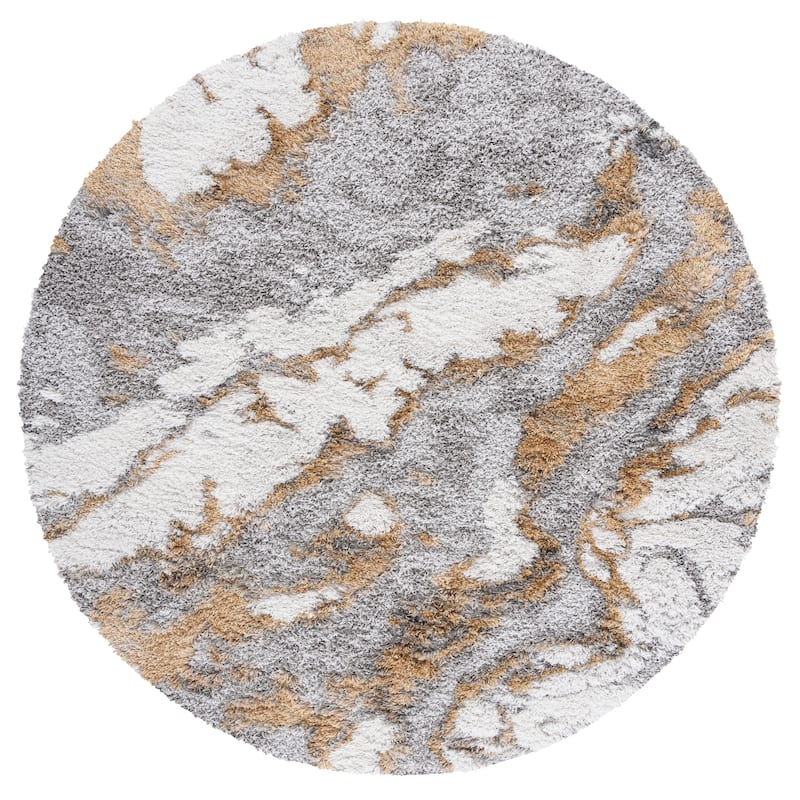 SAFAVIEH Horizon Shag Mukades Abstract 2.5-inch Thick Rug - 4' Round - Grey/Gold - Round