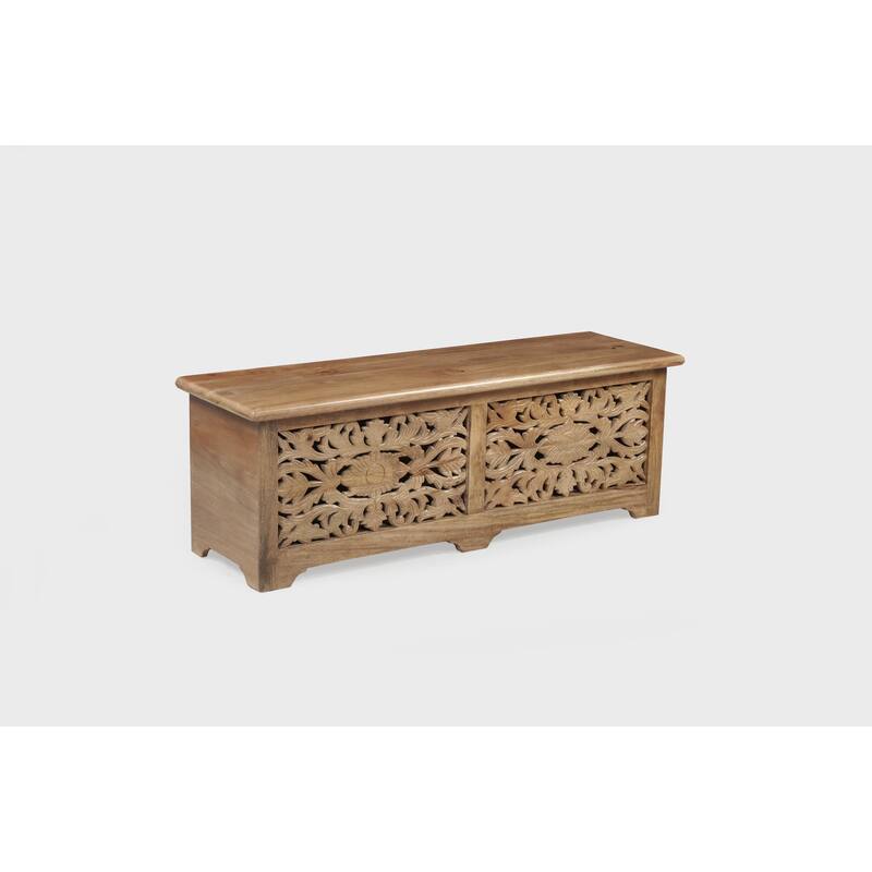 Florence Floral Carved Solid Mango Wood Storage Ottoman with Lift-Top
