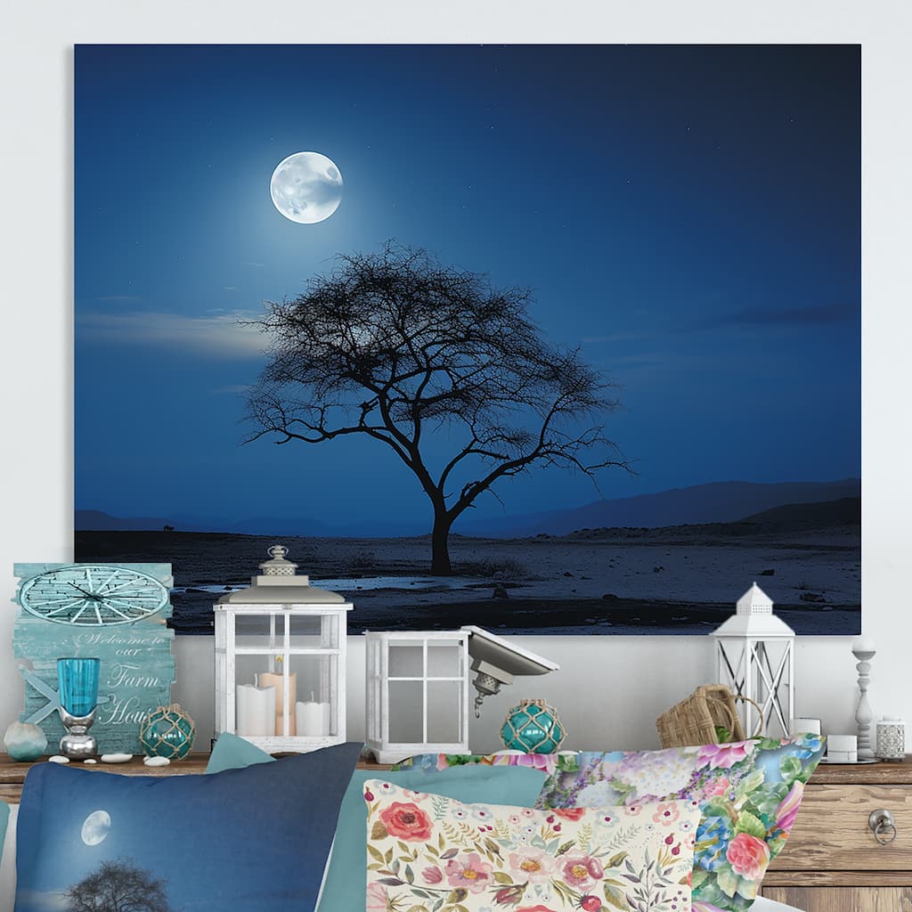 Designart "Blue Moonlight Tree Desert" Tree Metal Wall Art - Blue Metal Wall Décor Modern Metal Art Work