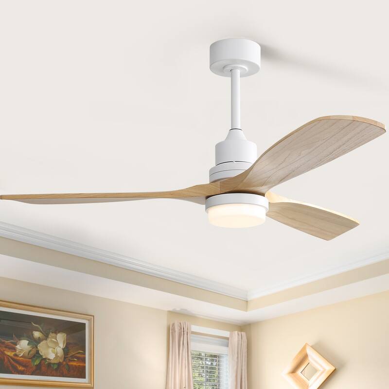 52" Solid Wood Noiseless 3-Blade Ceiling Fans with Dimmable LED Light Optional and Remote, 6-Speed Reversible DC Motor - White and Natural wood/With light