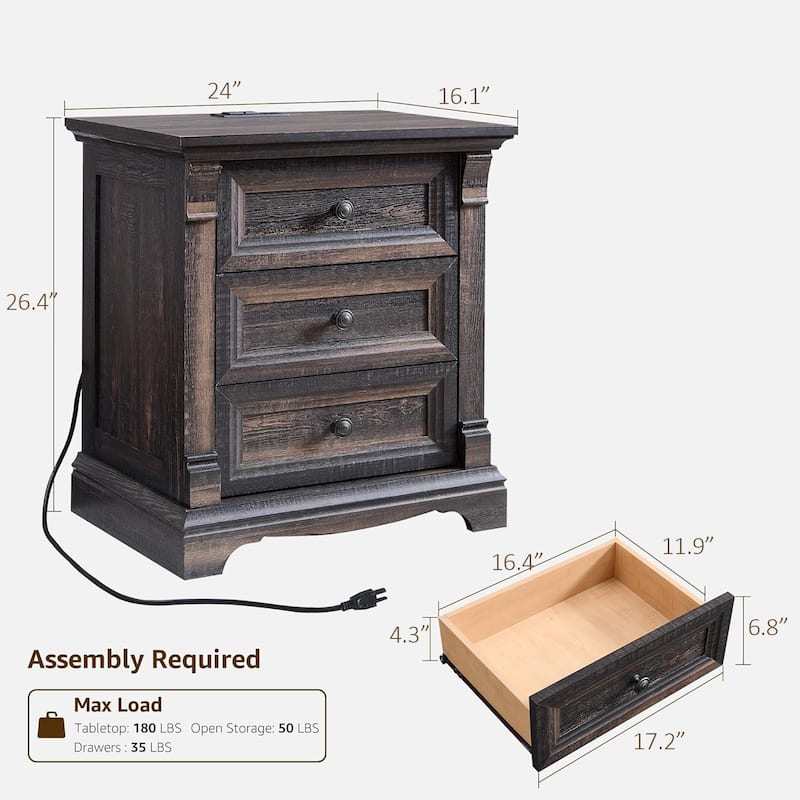 Farmhouse 3 Drawers Nightstand with Charging Station, Rustic End Table
