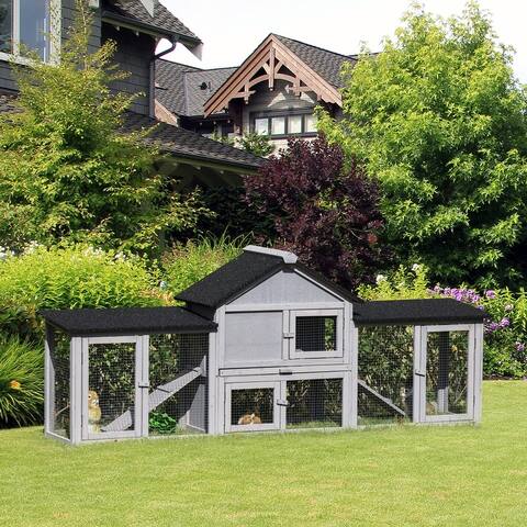PawHut 83" Wooden Rabbit Hutch Large Bunny Hutch House with Double Run, Removable Tray and Waterproof Roof for Outdoor