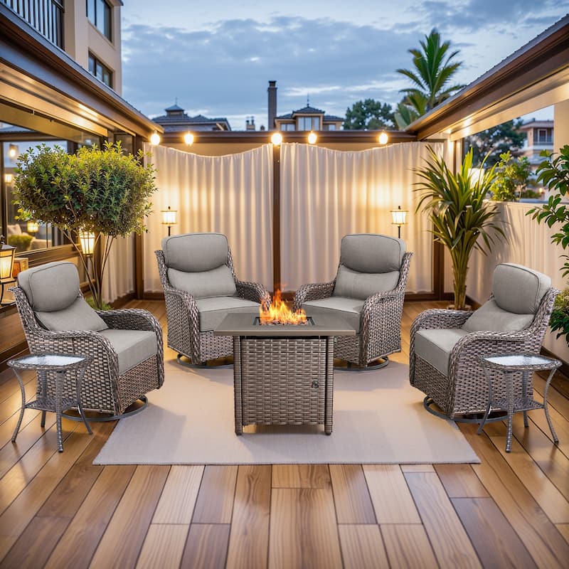 Pocassy 7 Pieces Outdoor 6" Swivel Chairs with Fire Pit Table - Brown Wicker - Gray cushion