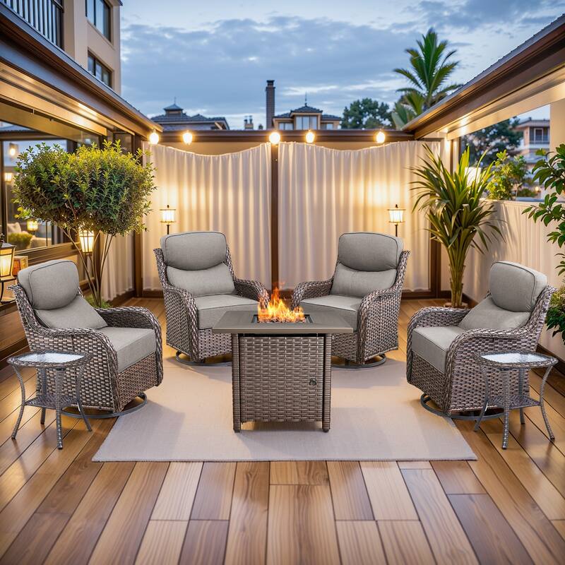 Pocassy Outdoor 6" Sofa Swivel Chairs with Fire Table Funiture - Brown Wicker Gray Cushion - 7 Pieces Swivel Chair Table with Fire Table
