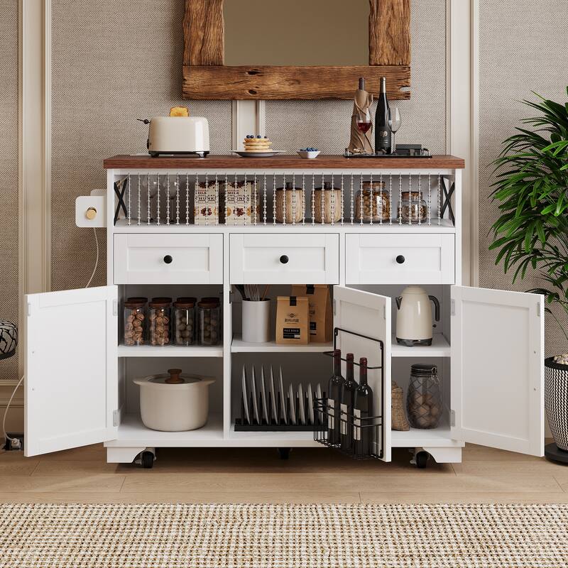 46.5'' Farmhouse Kitchen Island with Drape of Beads, Power Outlet,on Wheels with Drop Leaf, 3 Doors , 3 Drawers - N/A