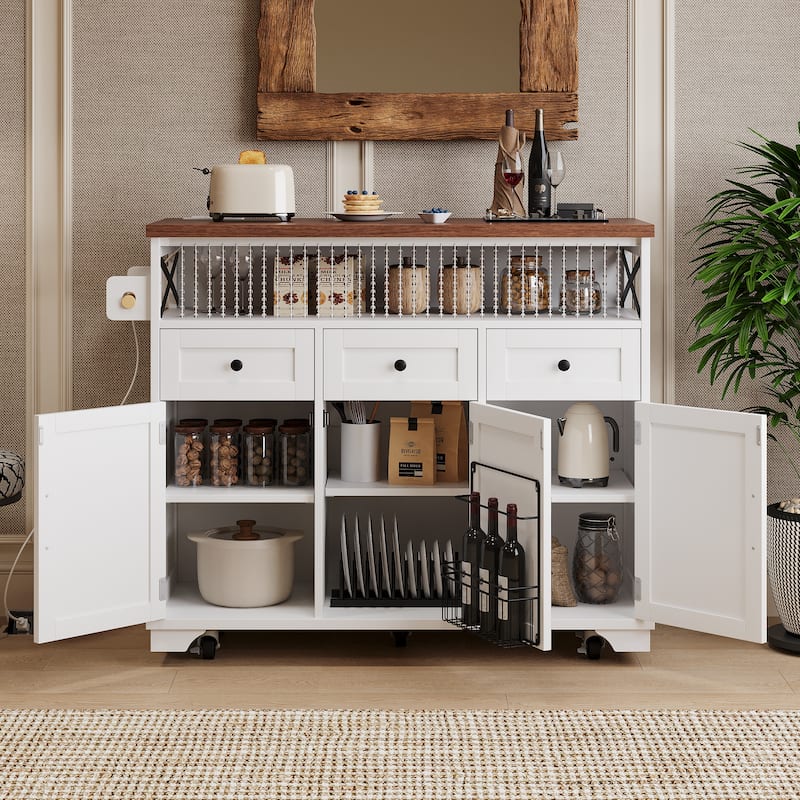 46.5''Farmhouse Kitchen Island with Drape of Beads, Power Outlet,Rolling Kitchen cart on Wheels with Drop Leaf,3 Doors,3 Drawers