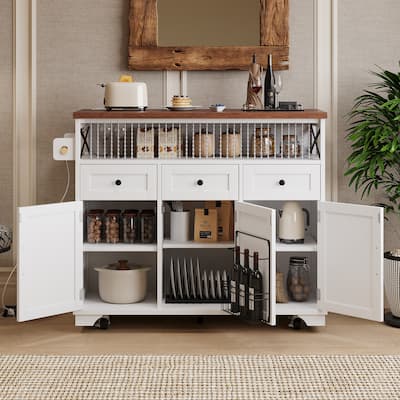Kitchen Island with Drape of Beads, Rolling Kitchen Cart on Wheels with Drop Leaf