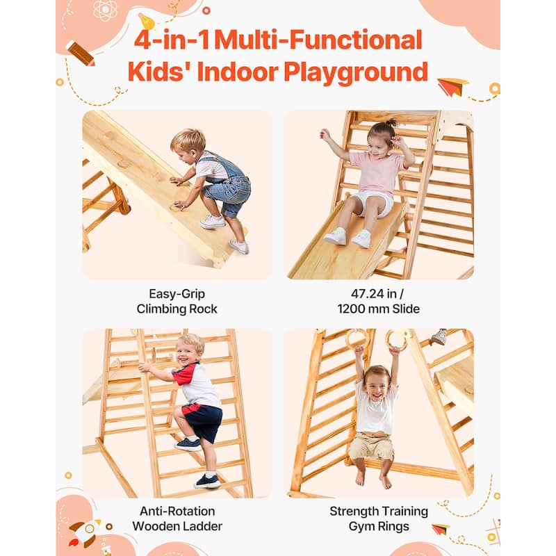 Original Wood 4 in 1 Indoor Playground Jungle Gym for Kids with Slide Climbing Rock Wooden Ladder Gym Rings and 220 lbs Capacity