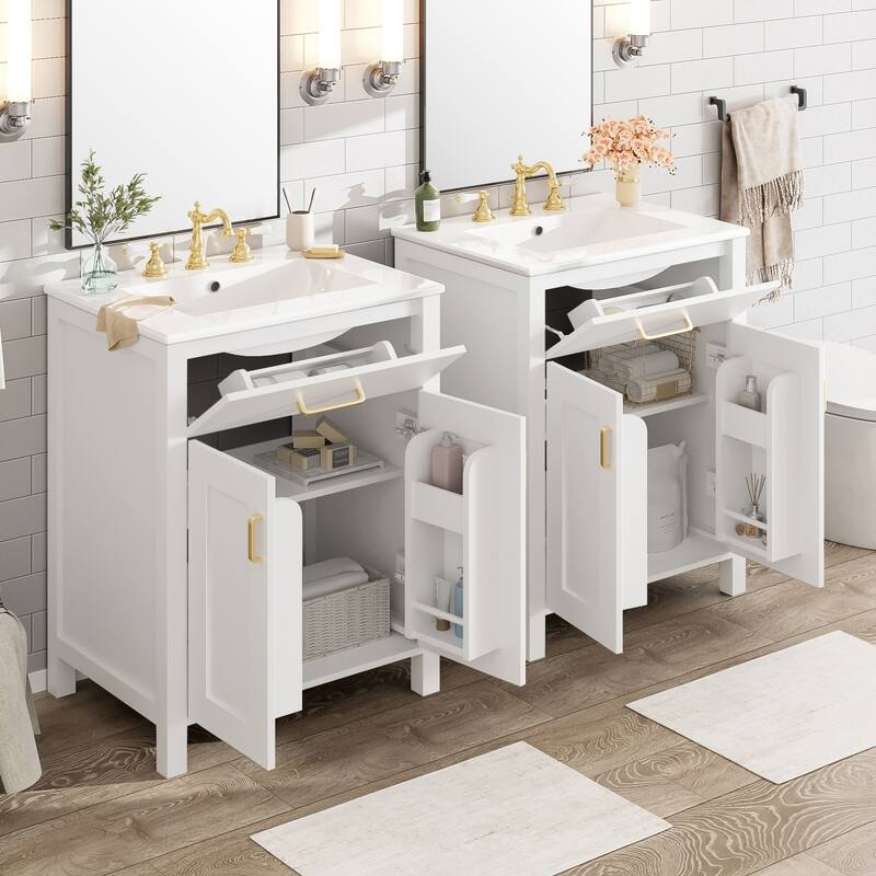 Modern 48" Bathroom Vanity Cabinet with Sinks, Flip Drawers, Double-Layer Door Shelves, Gold Handles and Soft-Close Doors