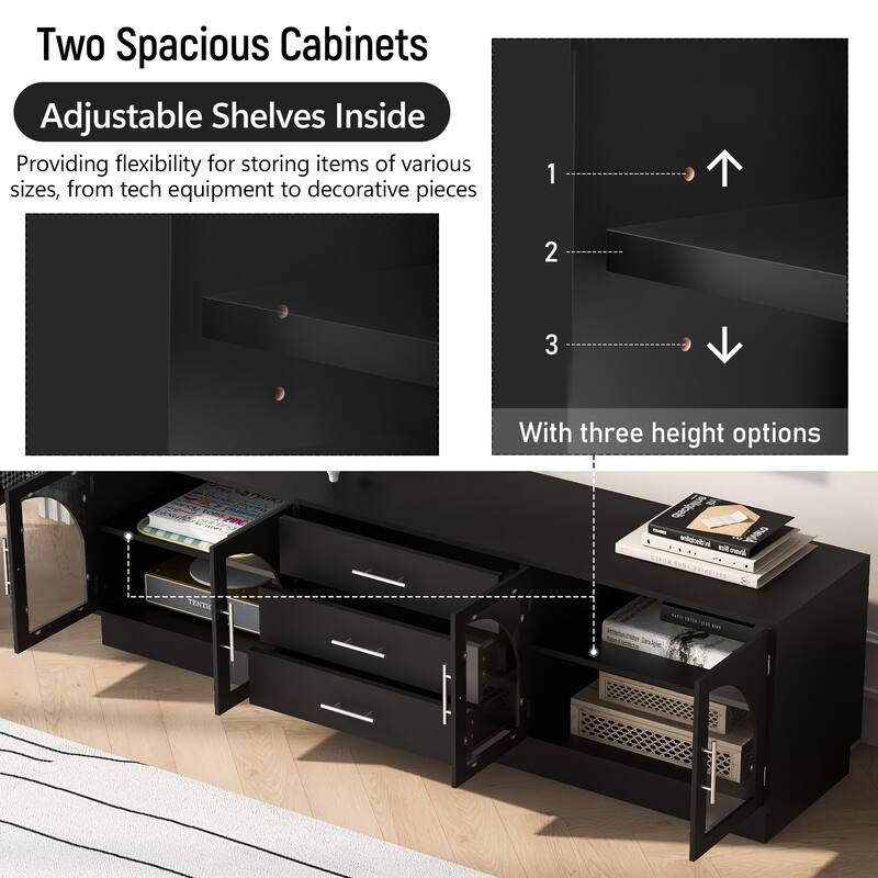 68.9'' Modern Minimalist TV Stand with Glass Doors, 3 Drawers & Adjustable Shelves, Fits TVs up to 75''