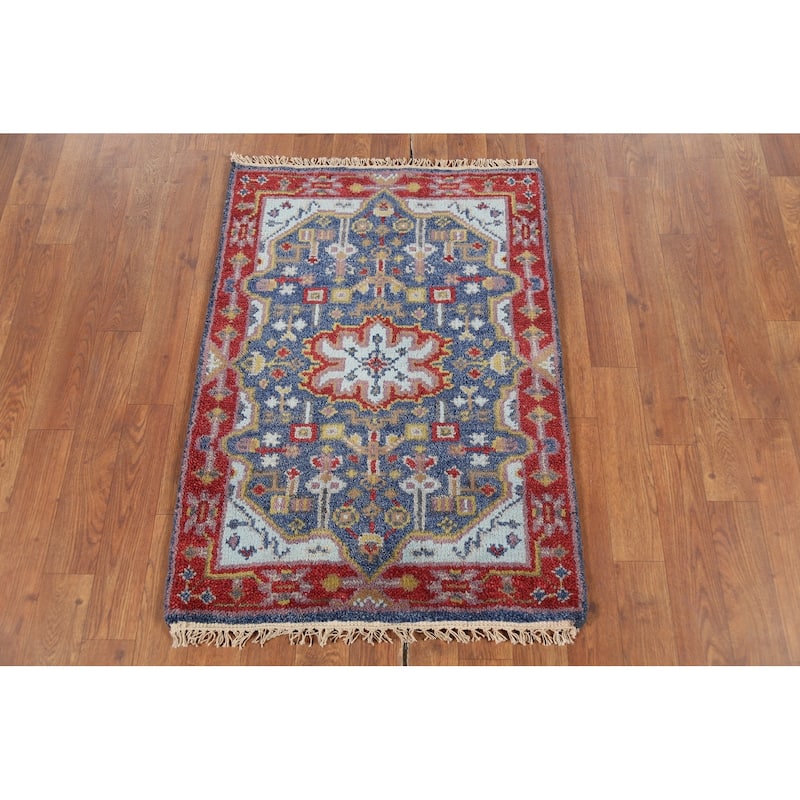 Blue Geometric Kazak Indian Accent Rug Hand-Knotted Wool Carpet - 2'0"x 3'0"