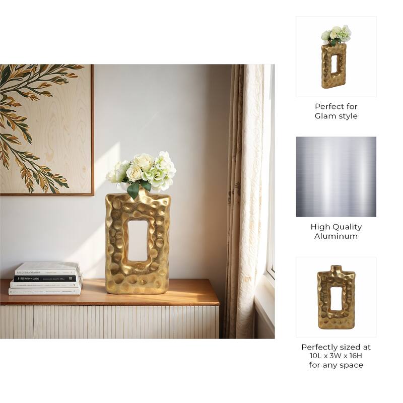 Metal Vase Hammered Texture with Rectangular Cutout Sculptural Design