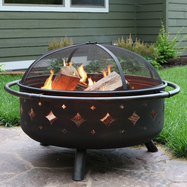 Sunnydaze 36 Inch Brushed Metal Diamonds Fire Pit with ...
