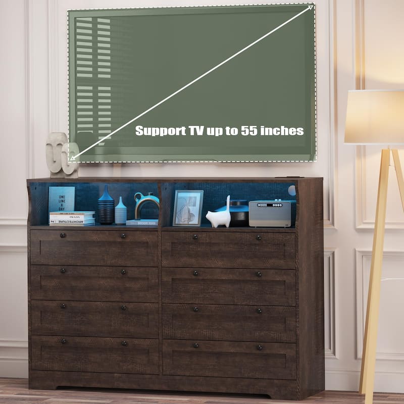 8 Drawer Dresser with RGB LED Lights, Power Outlet & 2 Open Shelves